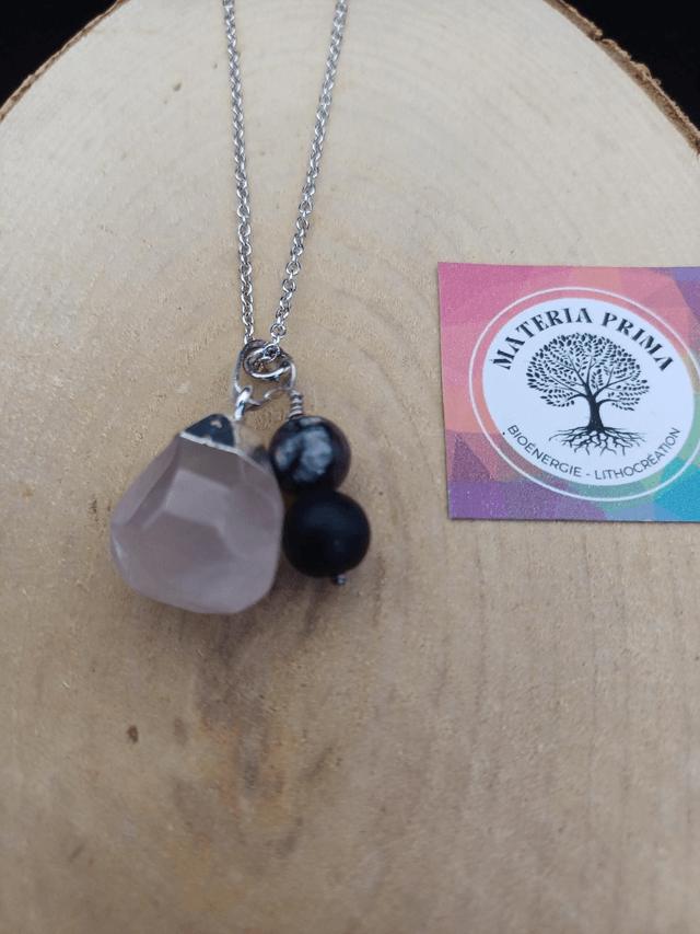 Collier quartz rose / shungite / tourmaline pourpre